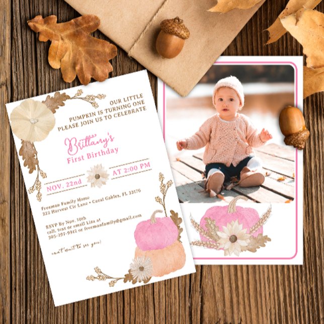 Pequeña Calabaza Rosada Invitación de cumpleaños (Pink Pumpkin - Our little pumpkin birthday party invitation)