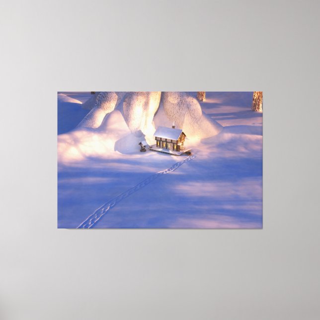 Pequeña casa en la impresión de lienzo de nieve (Anverso)