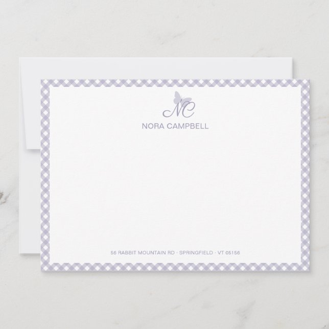 Pequeña Elegante Monograma Lavender Gingham Tarjeta de Not (Anverso)