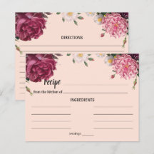 Elegante tarjeta de recetas de Borgoña y Boda Rosa