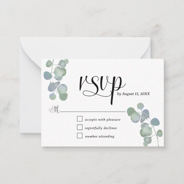 Pequeña Elegante tarjeta Eucalyptus RSVP Pintada A Mano (Anverso)