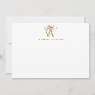 Pequeña Flores de época Monograma Carta de oro W Tarjeta d