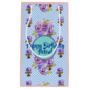 Pequeña Flores de Shabby Chic Blue Gingham Bolsa de Regalo