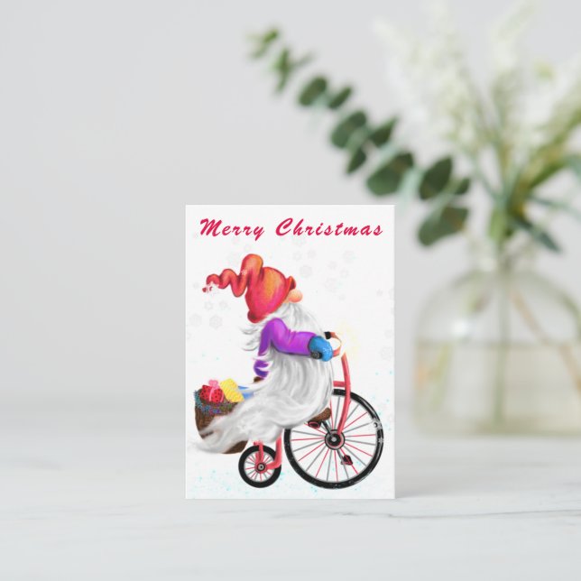 Pequeña Gnome lindo con tarjeta de Navidades para biciclet (Anverso de pie)