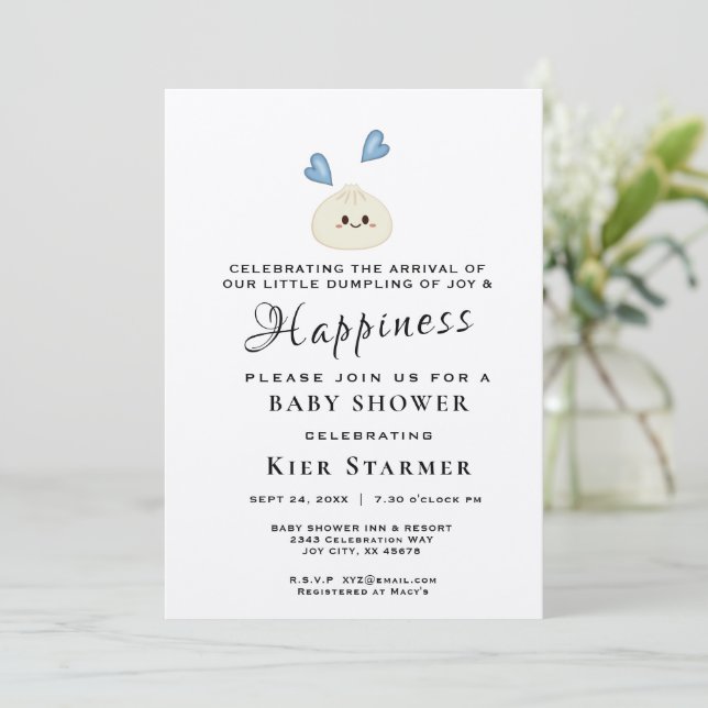 Pequeña invitación a Baby Shower azul (Anverso de pie)