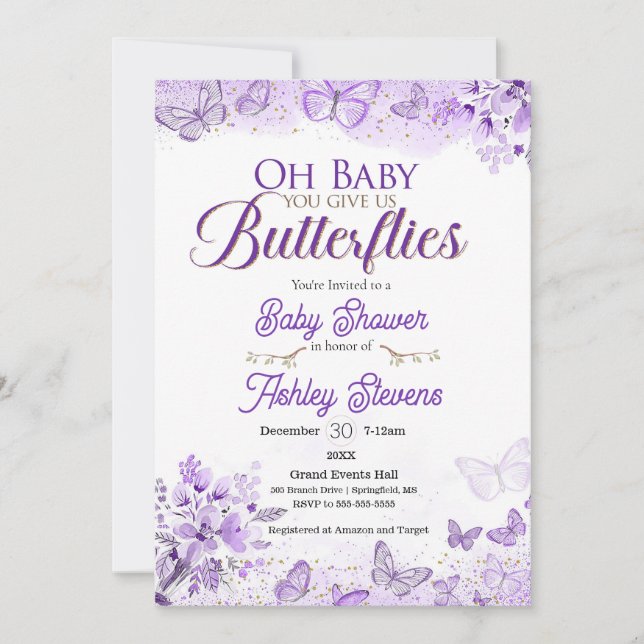 Pequeña invitación a la ducha de bebé con mariposa (Anverso)