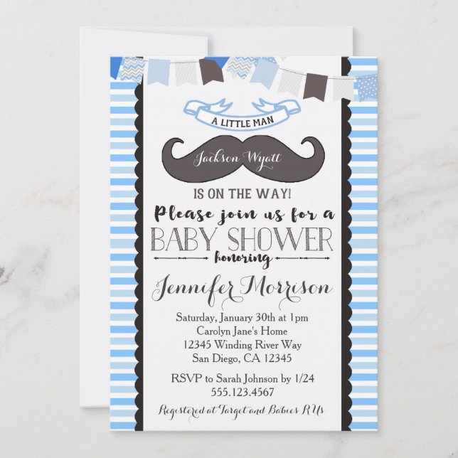 Pequeña invitación de Baby Shower del bigote del (Anverso)