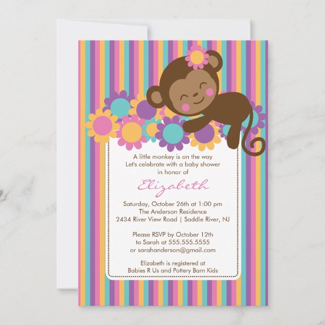 Pequeña invitación de Baby Shower del mono (Anverso)