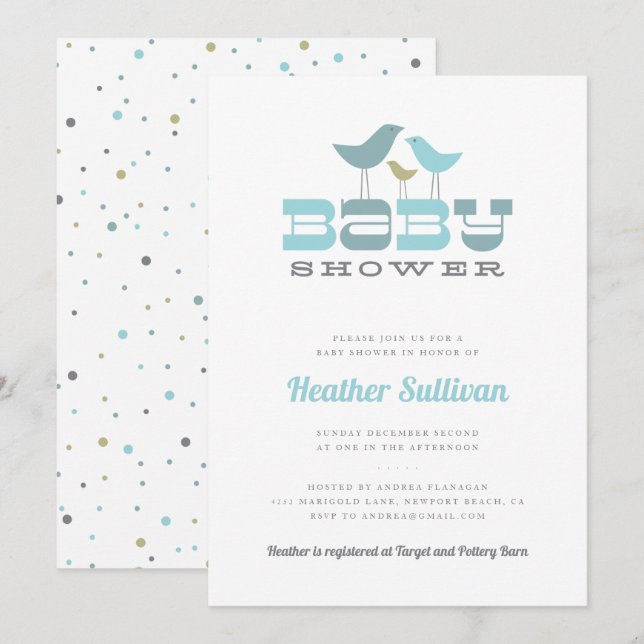Pequeña invitación de Baby Shower del pájaro - (Anverso / Reverso)