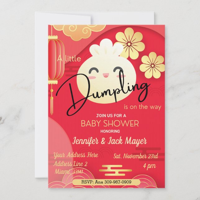 Pequeña invitación de Baby Shower roja y dorada (Anverso)