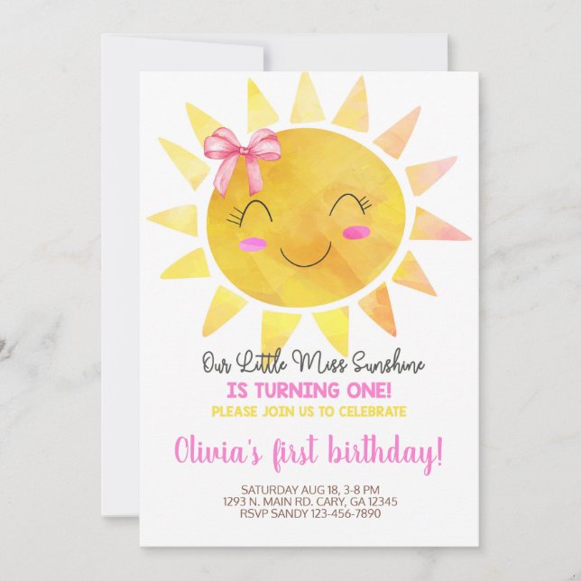 Pequeña invitación de cumpleaños de Miss Sunshine  (Anverso)