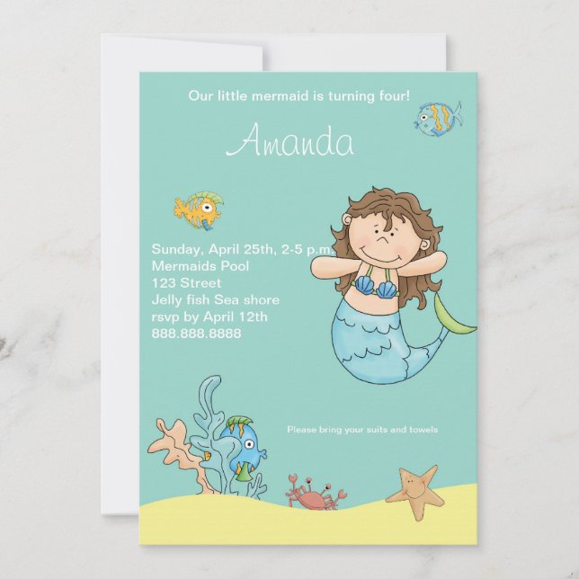Pequeña invitación de cumpleaños de sirena (Anverso)