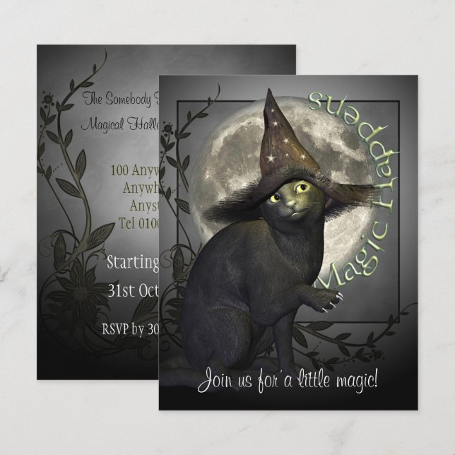 Pequeña invitación de Halloween para un gato negro (Anverso / Reverso)