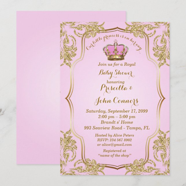 Pequeña invitación de princesa Baby Shower, oro, (Anverso / Reverso)