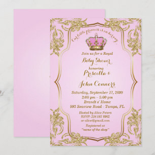 Pequeña invitación de princesa Baby Shower, oro,