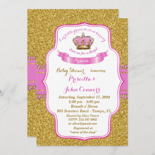 Pequeña invitación de princesa Baby Shower, oro,