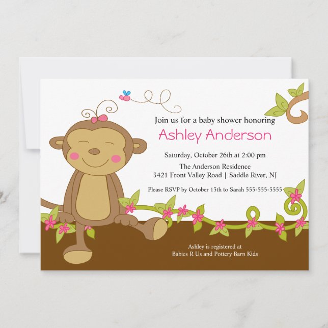 Pequeña invitación dulce de Baby Shower del mono (Anverso)