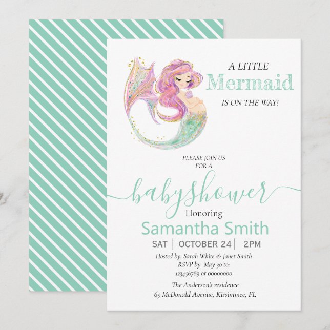 PEQUEÑA Invitación VERDE DE Baby Shower MERMAID (Anverso / Reverso)