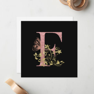 Pequeña Letra rosa Purpurina floral F Tarjeta cuadrada pla