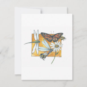Pequeña Mariposa monarca, libélula y tarjeta de abeja