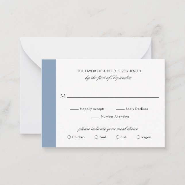 Pequeña Mini tarjeta RSVP de Boda azul turbio mínimo (Anverso)