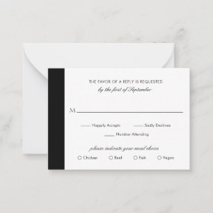 Pequeña Mini tarjeta RSVP de Boda blanco negro mínimo