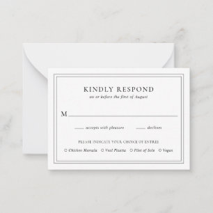 Pequeña Mini tarjeta RSVP tradicional de Boda blanco y neg