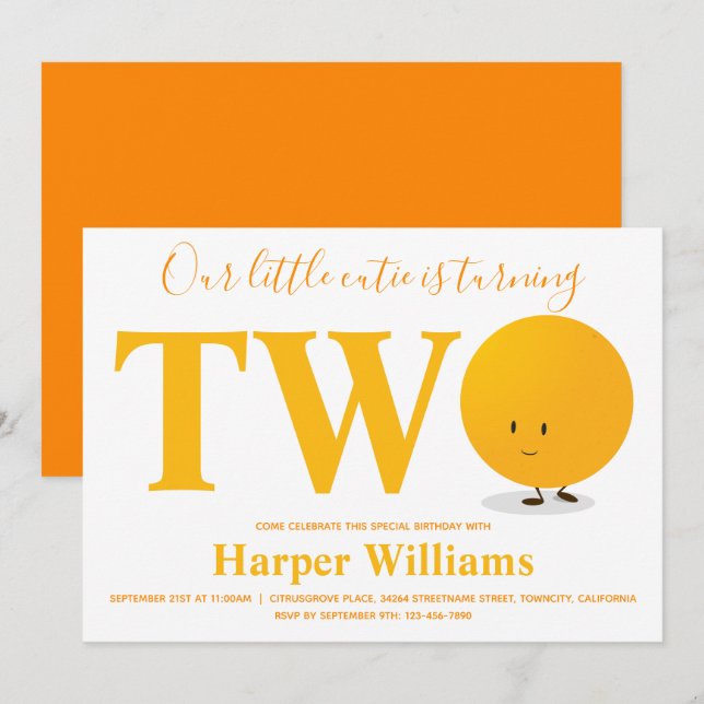 Pequeña Naranja Cutie Dos Invitación a Cumpleaños (Anverso / Reverso)