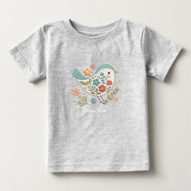 Pequeña Pájaro Azul Flores Rosa Bebé Camiseta (Anverso)