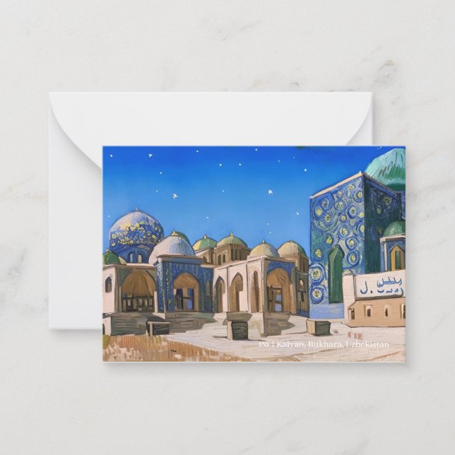 Pequeña Po-i Kalyan, Bukhara con una tarjeta de Eid Mubara (Anverso)