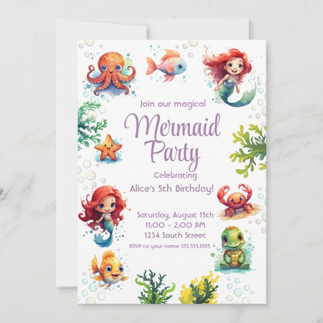 Pequeña sirena Fiesta de invitaciones al cumpleaño (Anverso)