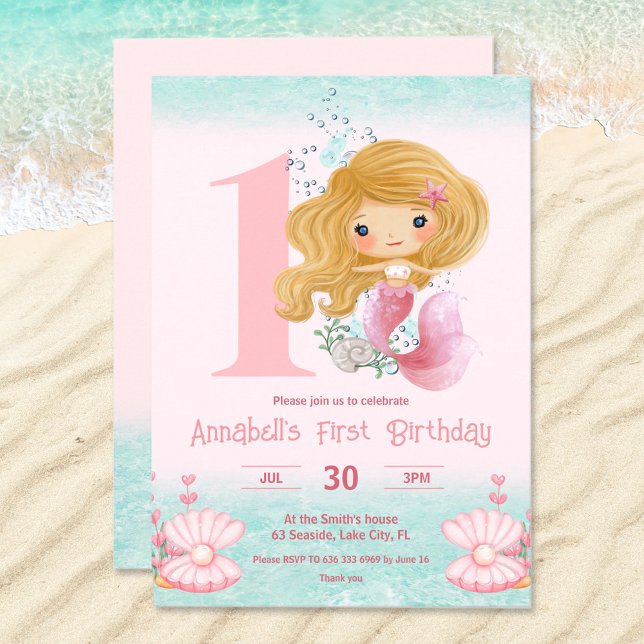 Pequeña sirena rosa de rubia primera invitación de (1st Birthday invitation with a cute mermaid )