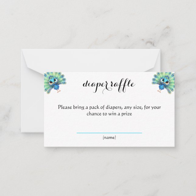 Pequeña Tarjeta Baby Shower Diaper Raffle Blue Peacock (Anverso)