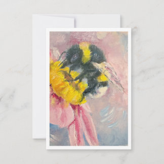 Pequeña Tarjeta con Abejorro en Flor Azul Pintada al Óleo