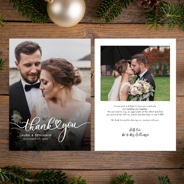 Pequeña Tarjeta de agradecimiento al Boda de guiones moder (Wedding 2 Photos Elegant Thank You Card)