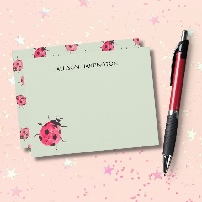 Pequeña Tarjeta de agradecimiento de señora bug de jardín  (These flat cards feature a single watercolor ladybug on the front, and lots of ladybugs on the back!)