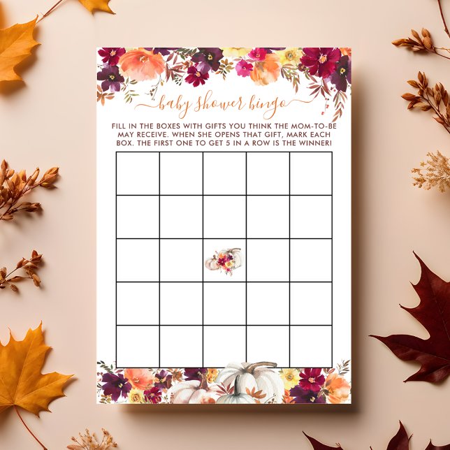 Pequeña tarjeta de bingo floral de calabaza para B (Little Pumpkin Fall Floral Baby Shower Bingo Card)
