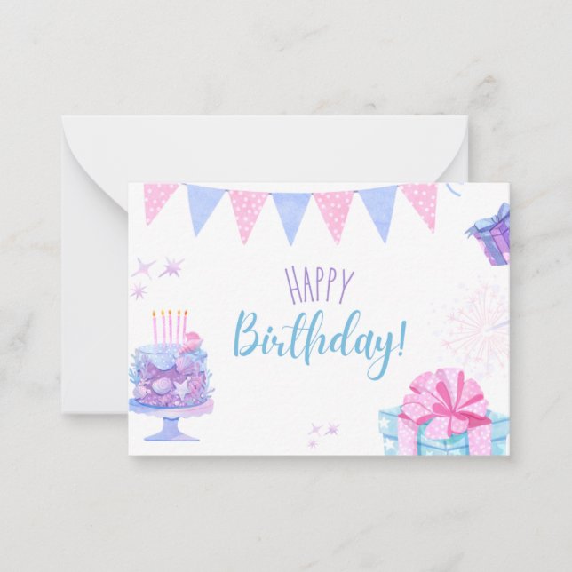 Pequeña Tarjeta de cumpleaños con globos y pastel (Anverso)