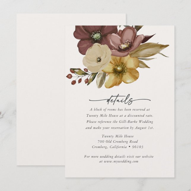 Pequeña Tarjeta de detalles de boda boho neutral con acuar (Anverso / Reverso)