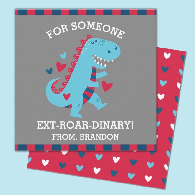 Pequeña Tarjeta de Día de San Valentín de Dinosaurios para (fun mini dinosaur valentine with the words For someone EXT-ROAR-DINARY)