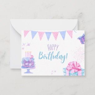 Pequeña Tarjeta de Feliz Cumpleaños con globos y pastel
