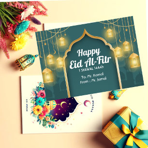 Pequeña Tarjeta de Feliz Eid Mubarak Elegante Verde y Dora