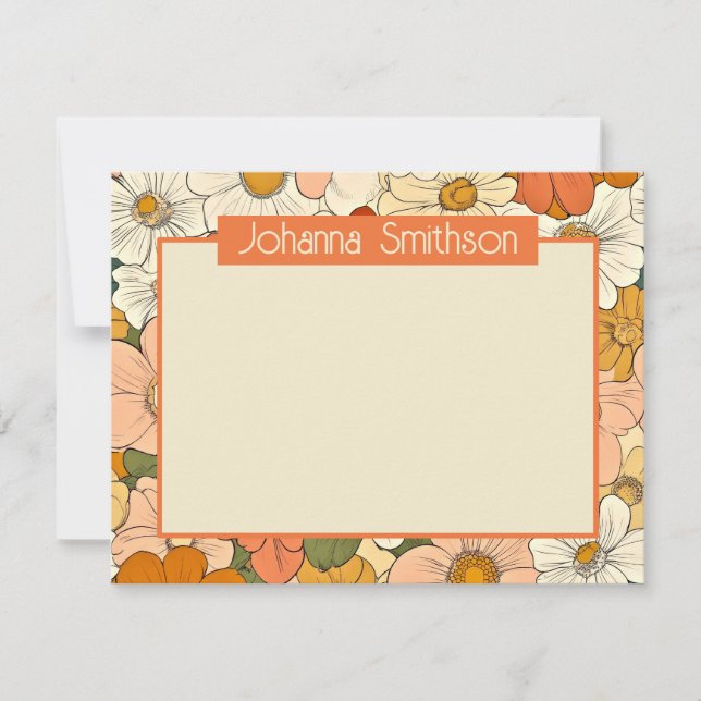 Pequeña Tarjeta de grapado horizontal Retro Naranja Floral (Anverso)