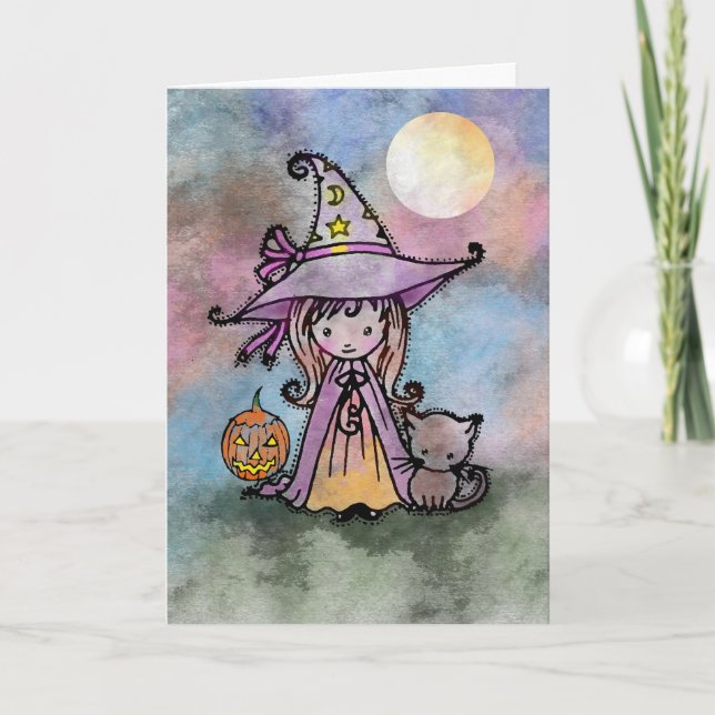 Pequeña tarjeta de Halloween de la bruja y del (Anverso)