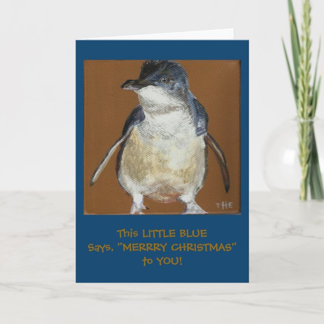 Pequeña tarjeta de Navidad azul del pingüino (Anverso)