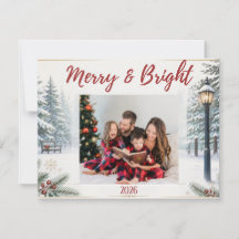 Tarjeta de Navidad con escena nevada y foto famili