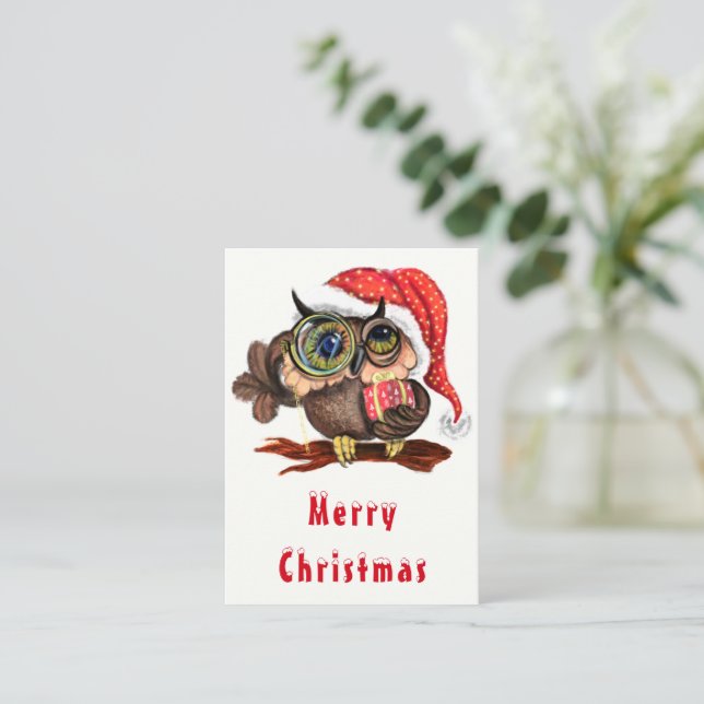 Pequeña Tarjeta de Navidad de Búho Bebé Adorable con Regal (Anverso de pie)