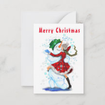 Tarjeta de Navidad Muñeco de Nieve y Baile de Niña