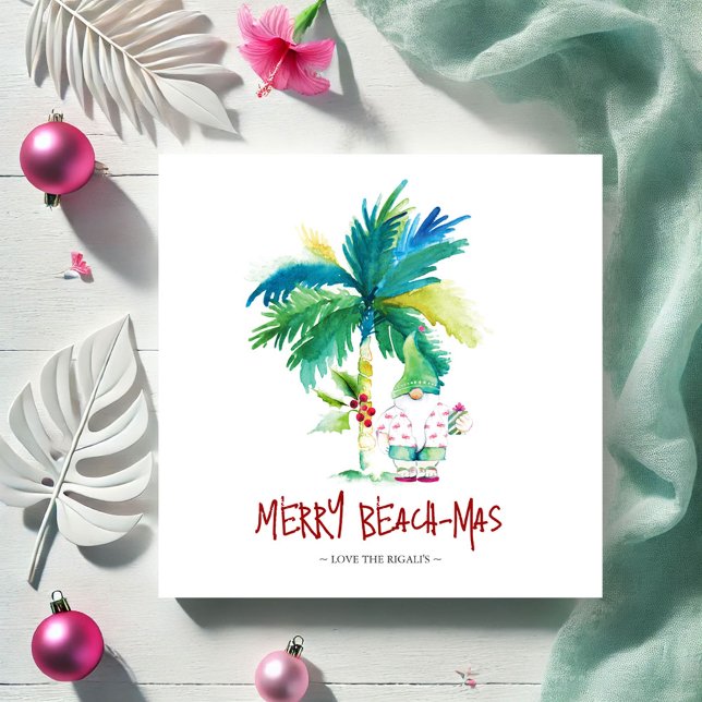Pequeña Tarjeta de Navidades tropicales (Beach-mas invitations watercolor palm tree and Christmas gnome by Victoria Grigaliunas DoTellABelle)