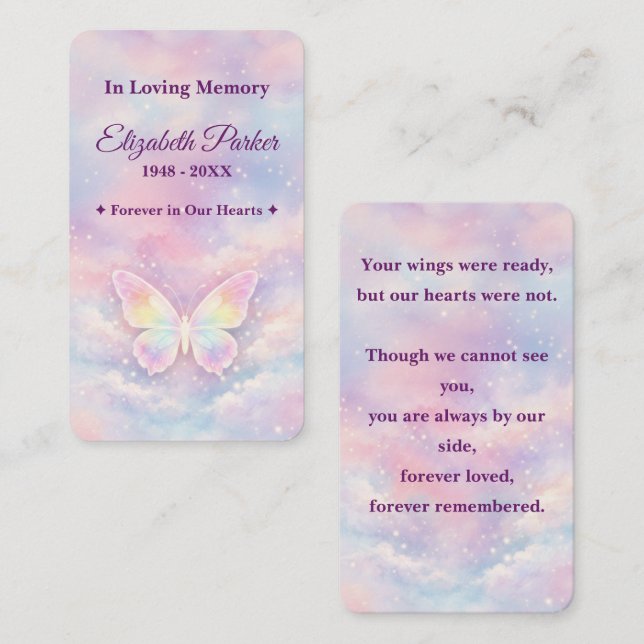 Pequeña Tarjeta de Oración Memorial Mariposa Celestial (Anverso / Reverso)